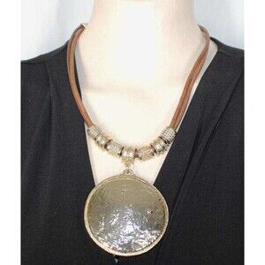 Chico's Gold Silver Tone Round Disc Pendant & Sliders Leather Cord Necklace